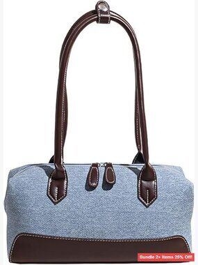 Mini Denim Satchel with PU Leather Trim, Top Handle Shoulder Bag